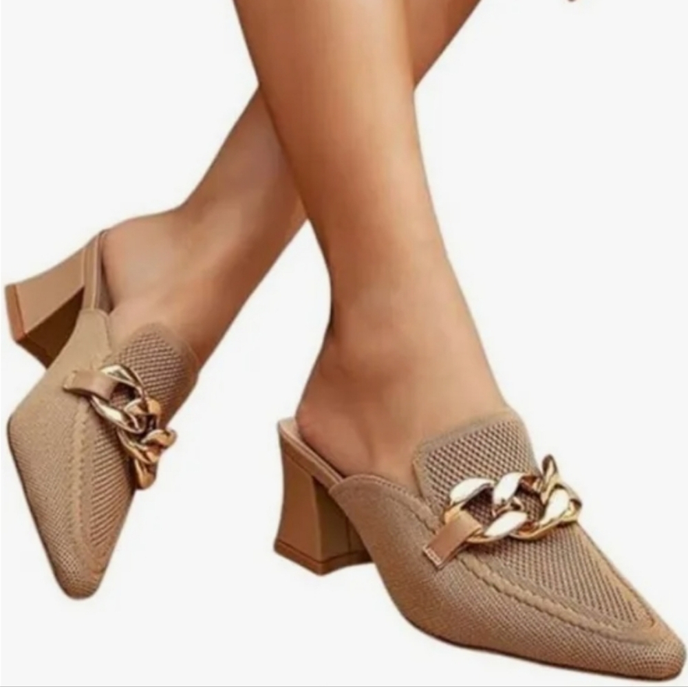 Newbella NWT Knit Pointed Toe Block Heel Mules Slio On Sandals in Apricot